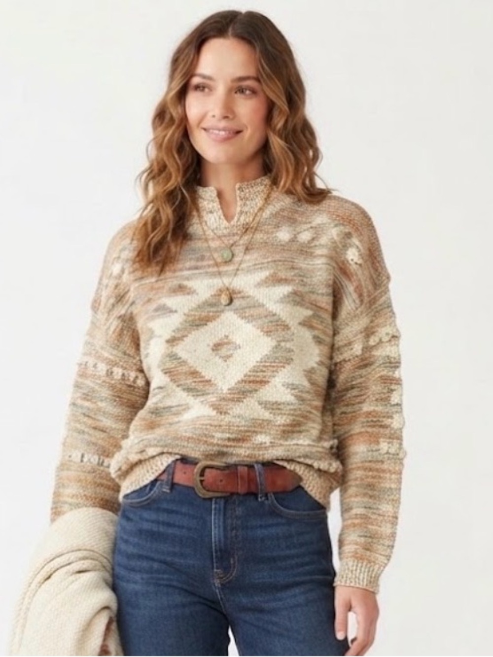 Vintage Southwest Aztec Geometric Mock Neck Knit Sweater Neutral Earth Tone M/L